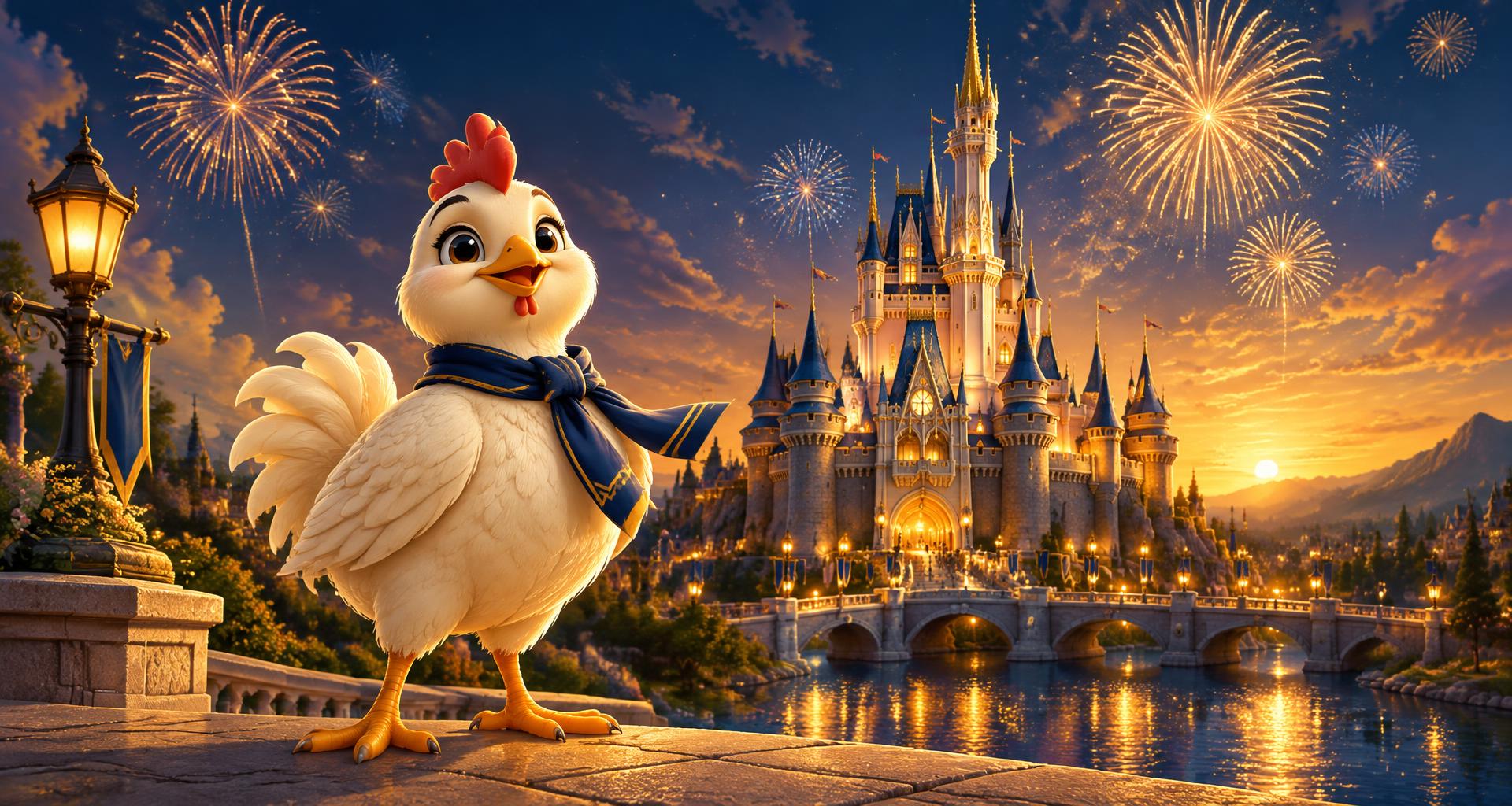 Ilustração de castelo de parque temático ao entardecer com o franguinho mascote da CBT Group