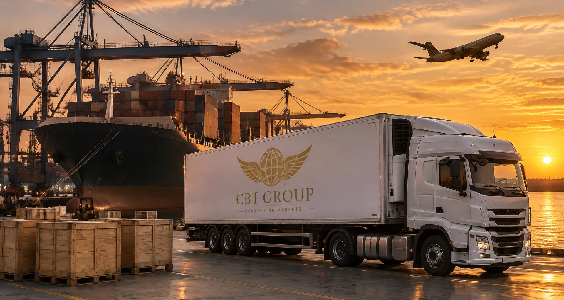 Caminhão frigorífico branco, navio porta-contêiner e avião cargueiro em um porto ao pôr do sol